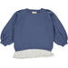 blue sweater with white ruffle on bottom and 3/4 sleeve