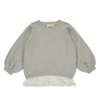 grey sweater with white ruffle on bottom and 3/4 sleeve