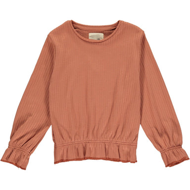 orange ribbed longsleeve shirt with gathering at the waist and sleeves