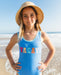 Blue girls swimsuit with Vacay sparkle across the front