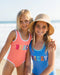 Blue girls swimsuit with Vacay sparkle across the front