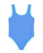 Blue girls swimsuit with Vacay sparkle across the front
