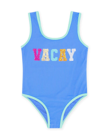 Blue girls swimsuit with Vacay sparkle across the front
