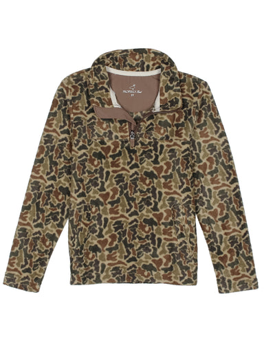 Camouflage-patterned pullover with a brand label on a white background
