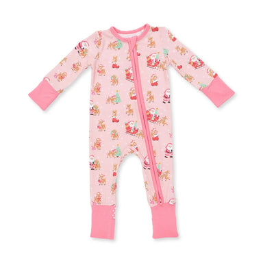 A pink long-sleeve baby footed one-piece sleeper with a front zipper, featuring an all-over print of Santa Claus and reindeer, on a white background.