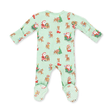 A baby footed one-piece sleeper in mint green with a festive Christmas print featuring Santa Claus, reindeer, and snowflakes, displayed flat against a white background.
