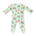 A baby footed one-piece sleeper in mint green with a festive Christmas print featuring Santa Claus, reindeer, and snowflakes, displayed flat against a white background.
