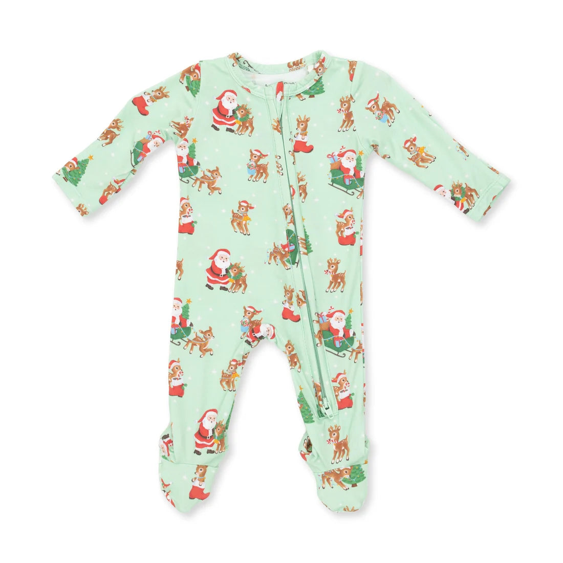 A baby long-sleeve footed sleeper in mint green with a festive Christmas print of Santa Claus and reindeer, laid flat on a white background.