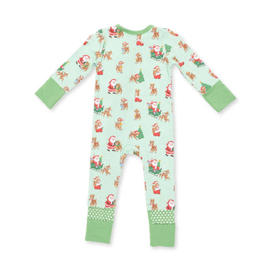 A baby long-sleeve footless one-piece pajama with a festive Christmas print on a light mint green background. The pajama features Santa Claus, reindeer, and Christmas trees, with solid sage green cuffs and hem, and a green-and-white checkered accent panel on the lower leg.
