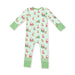 A baby long-sleeve footless one-piece pajama with a festive Christmas print on a light mint green background. The pajama features Santa Claus, reindeer, and Christmas trees, with solid sage green cuffs and hem, and a green-and-white checkered accent panel on the lower leg.