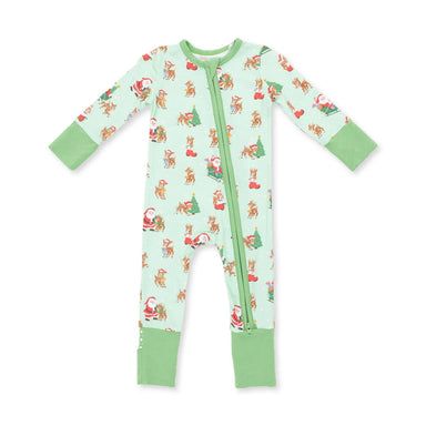 A baby's long-sleeve footed sleeper with a front zipper, featuring a light mint green background with a festive print of Santa Claus, reindeer, and Christmas trees, finished with solid light green cuffs and collar.