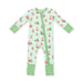 A baby's long-sleeve footed sleeper with a front zipper, featuring a light mint green background with a festive print of Santa Claus, reindeer, and Christmas trees, finished with solid light green cuffs and collar.