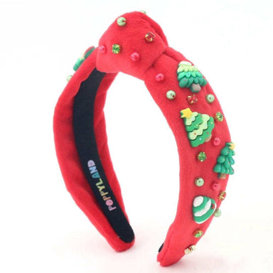 red knotted headband with christmas tree charms and red and green pearls and rhinestones