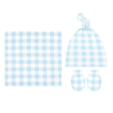 Baby blue and white checkered hat, bib, and blanket set on a white background