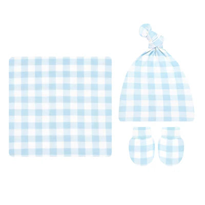 Baby blue and white checkered hat, bib, and blanket set on a white background