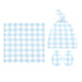 Baby blue and white checkered hat, bib, and blanket set on a white background