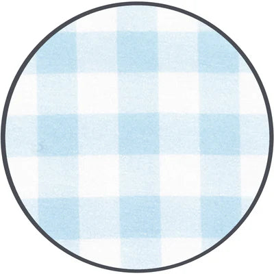 Round fabric sample with blue and white checkered pattern