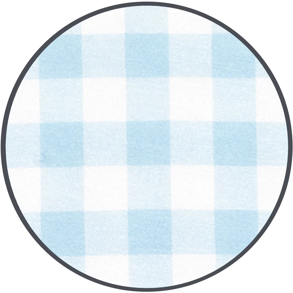 Round fabric sample with blue and white checkered pattern