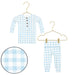 Blue and white checkered children's pajamas on hangers with a close-up of the fabric pattern.