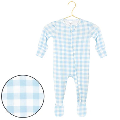 Blue and white checkered baby onesie on a hanger with a close-up of the fabric pattern.