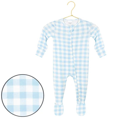 Blue and white checkered baby onesie on a hanger with a close-up of the fabric pattern.