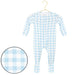 Blue and white checkered baby onesie on a hanger with a close-up of the fabric pattern.