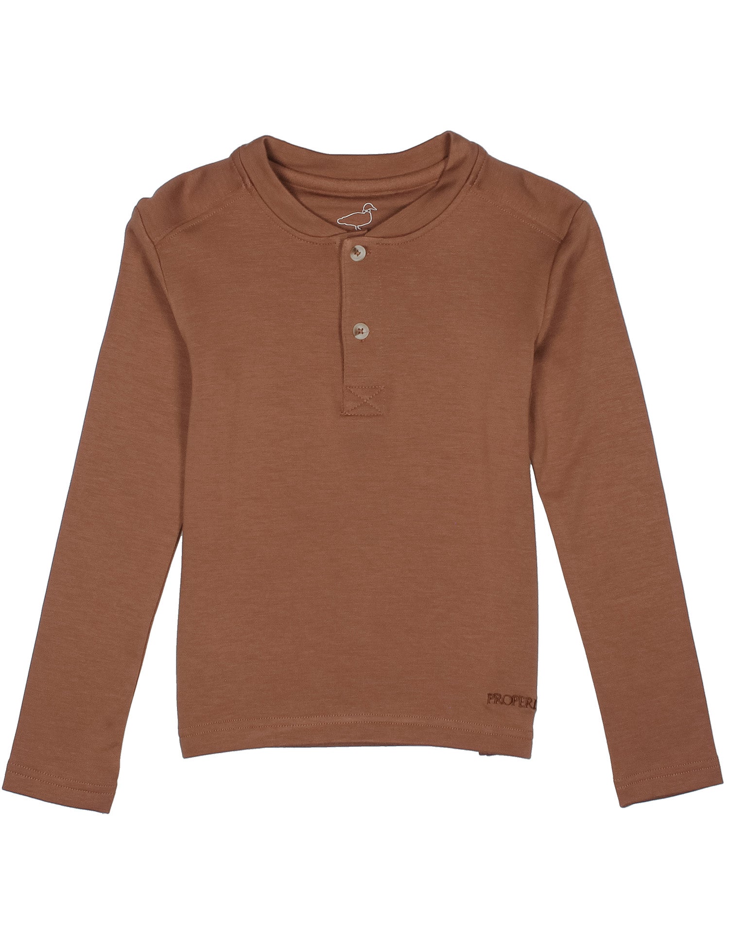 Brown long-sleeve henley shirt on a white background