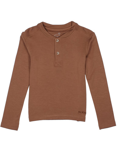 Brown long-sleeve henley shirt on a white background