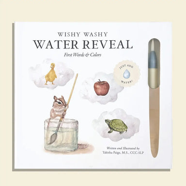 Book titled 'Wishy Washy Water Reveal' with illustrations and a pen on a beige background