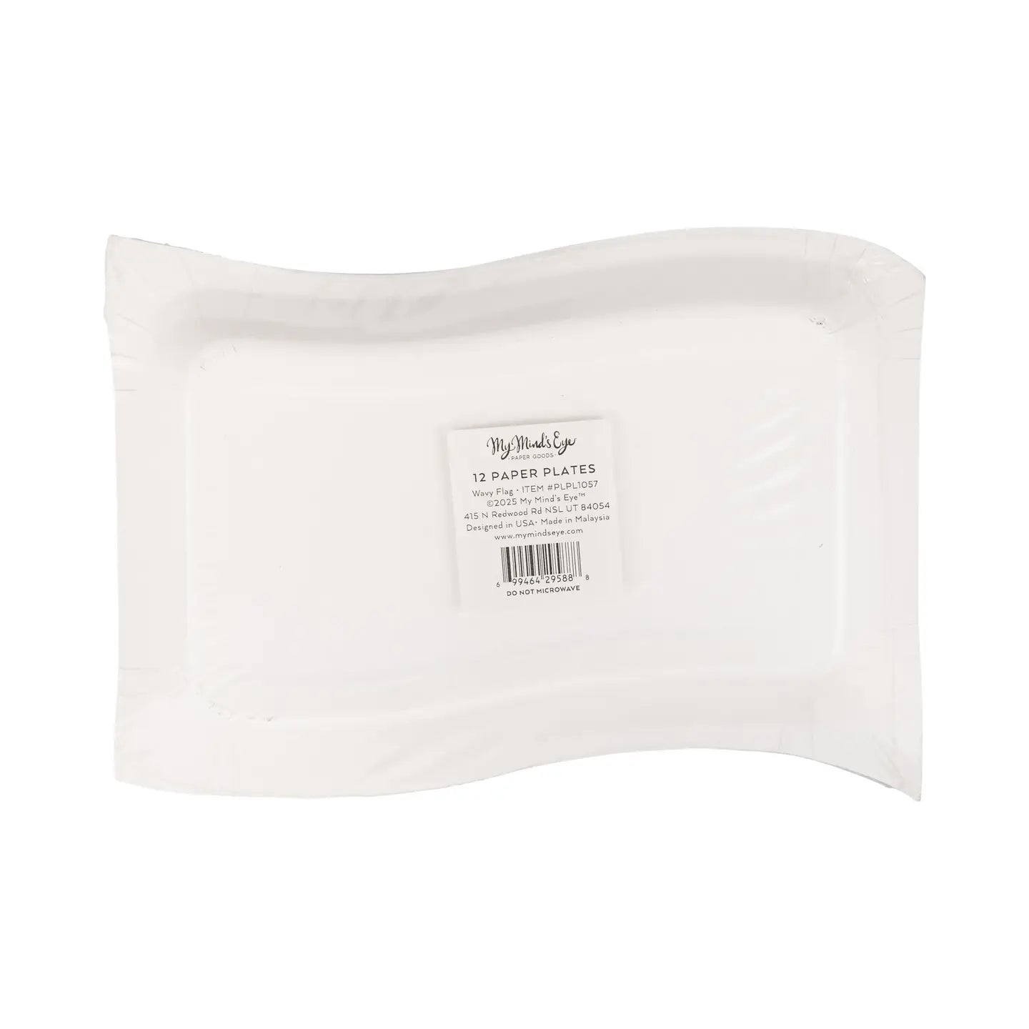 White paper plates in a cardboard holder with a visible brand label on a white background