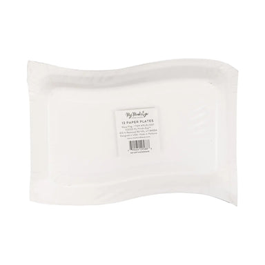 White paper plates in a cardboard holder with a visible brand label on a white background