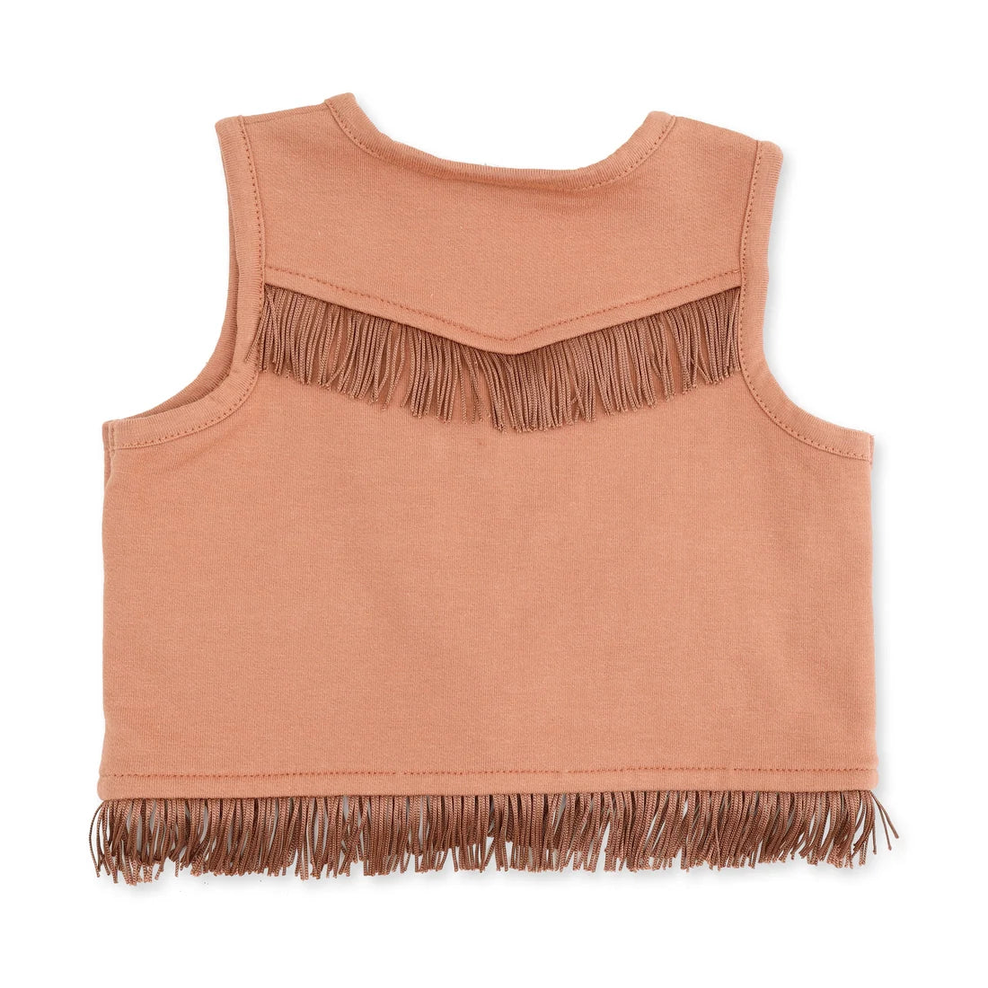 A sleeveless cropped top in a muted mocha color, featuring fringe trim across the upper chest and along the bottom hem, shown against a plain white background.