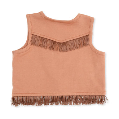 A sleeveless cropped top in a muted mocha color, featuring fringe trim across the upper chest and along the bottom hem, shown against a plain white background.