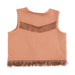 A sleeveless cropped top in a muted mocha color, featuring fringe trim across the upper chest and along the bottom hem, shown against a plain white background.