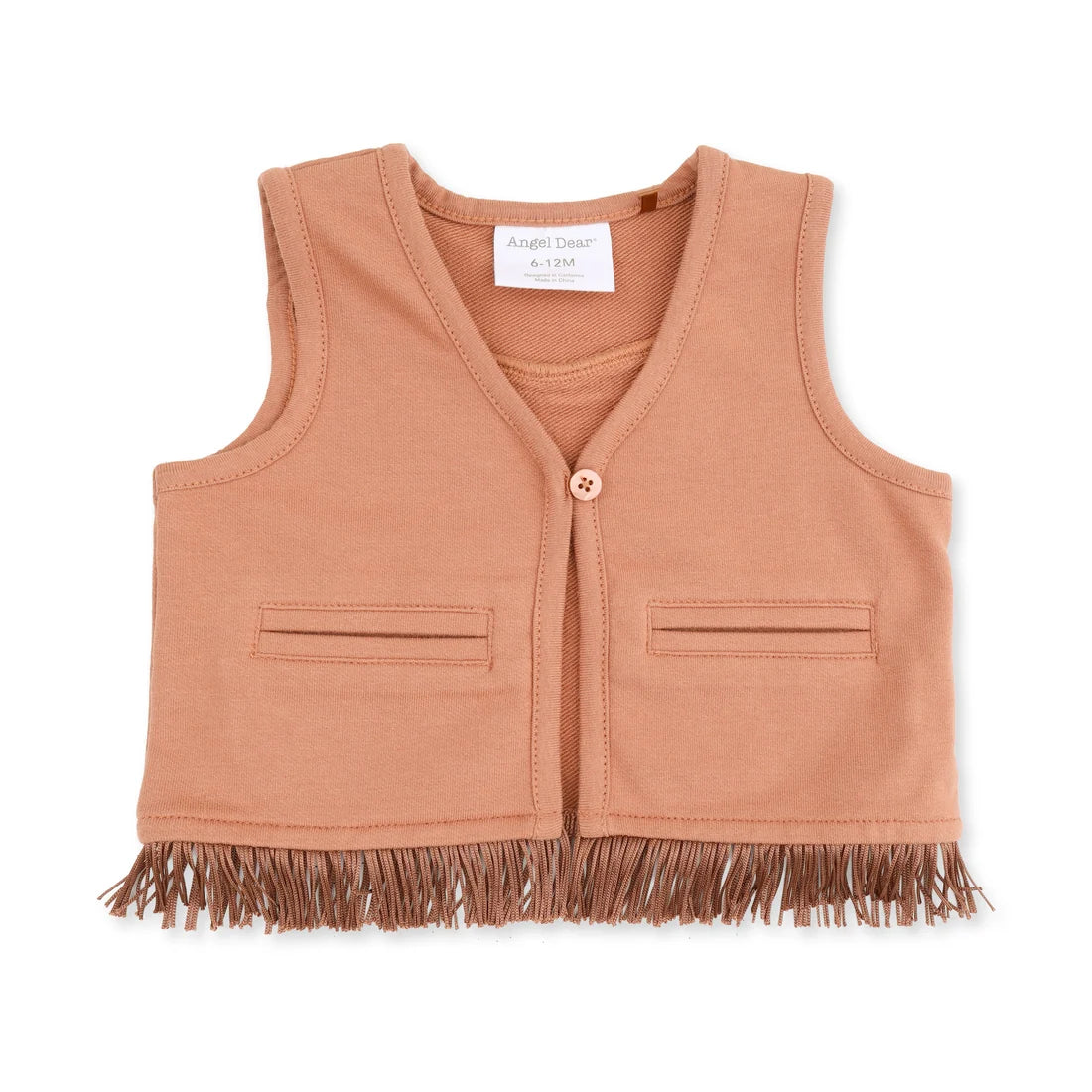 A sleeveless cropped vest in a mocha color, featuring a single button closure, two front welt pockets, and fringe trim along the bottom hem. The brand label reads 'Angel Dear'.