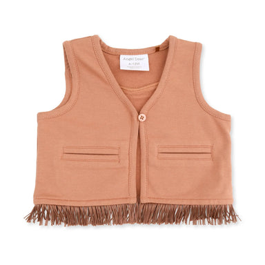 A sleeveless cropped vest in a mocha color, featuring a single button closure, two front welt pockets, and fringe trim along the bottom hem. The brand label reads 'Angel Dear'.