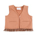 A sleeveless cropped vest in a mocha color, featuring a single button closure, two front welt pockets, and fringe trim along the bottom hem. The brand label reads 'Angel Dear'.