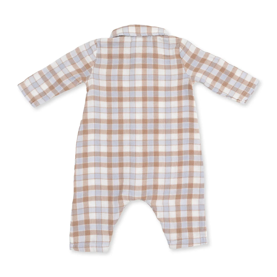 A baby long-sleeve footless romper with a soft plaid pattern in beige, light brown, and pale blue, shown from the back on a white background.