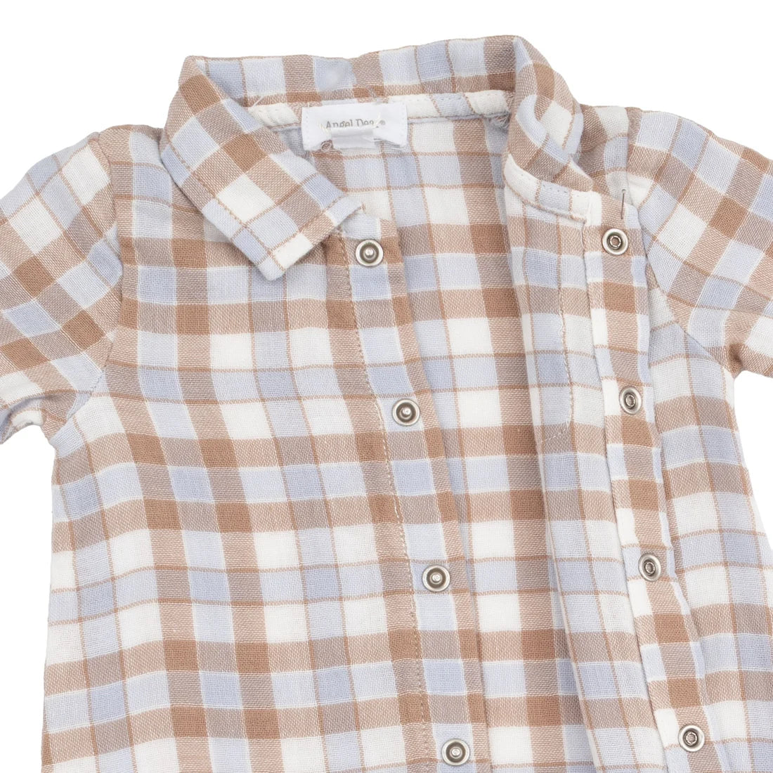 A close-up of a short-sleeve baby shirt by Angel Dear, featuring a brown, white, and light blue gingham plaid pattern with a button-down front.