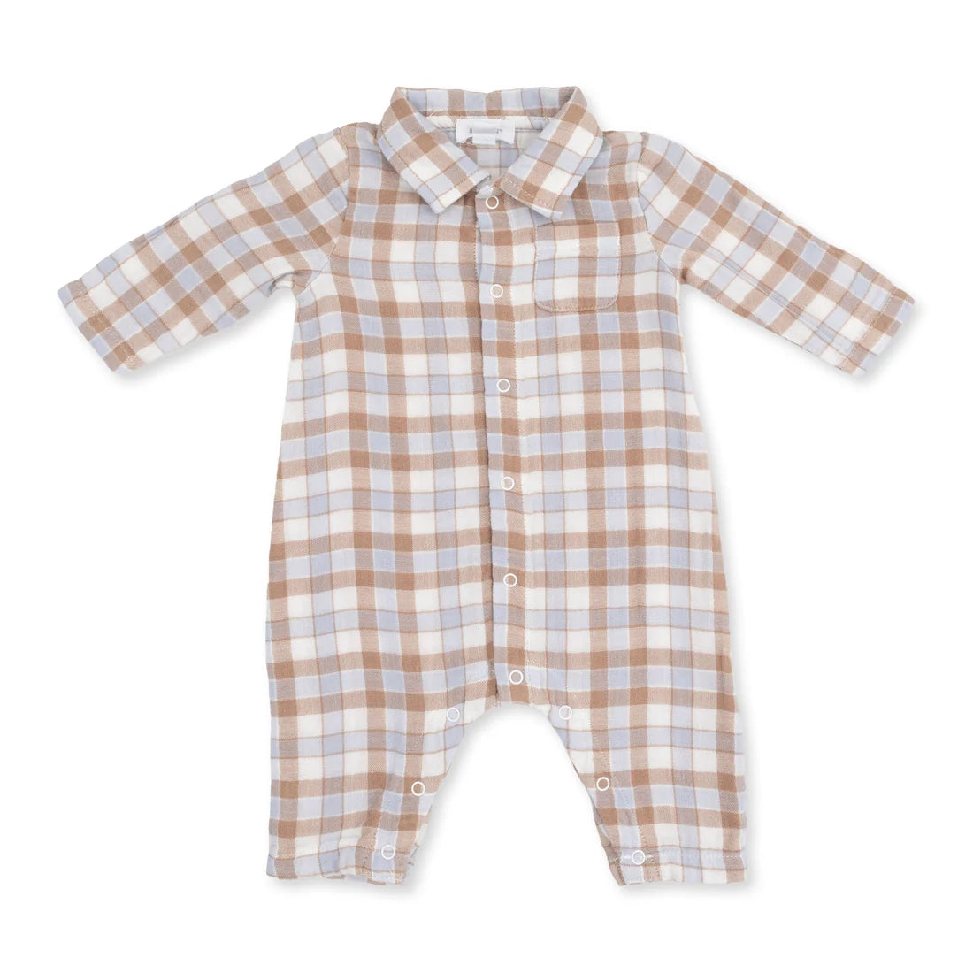 A baby long-sleeve romper with a button-down front, featuring a soft beige, brown, and light blue plaid pattern, displayed on a clean white background.