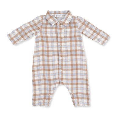 A baby long-sleeve romper with a button-down front, featuring a soft beige, brown, and light blue plaid pattern, displayed on a clean white background.