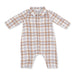 A baby long-sleeve romper with a button-down front, featuring a soft beige, brown, and light blue plaid pattern, displayed on a clean white background.