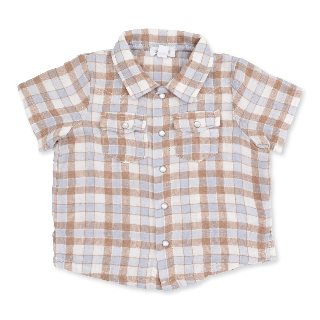 A short-sleeve button-up shirt for a baby or toddler, featuring a brown and light blue plaid pattern on a white base. The shirt has a classic collar, two buttoned chest pockets, and a button-down front.