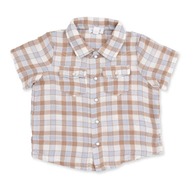 A short-sleeve button-up shirt for a baby or toddler, featuring a brown and light blue plaid pattern on a white base. The shirt has a classic collar, two buttoned chest pockets, and a button-down front.