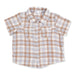 A short-sleeve button-up shirt for a baby or toddler, featuring a brown and light blue plaid pattern on a white base. The shirt has a classic collar, two buttoned chest pockets, and a button-down front.