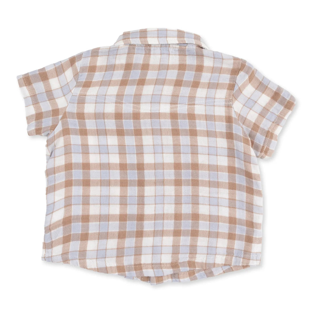 A short-sleeve plaid button-up shirt shown from the back, featuring a checkered pattern of brown, light blue, and white.