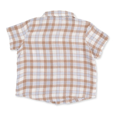 A short-sleeve plaid button-up shirt shown from the back, featuring a checkered pattern of brown, light blue, and white.