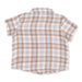 A short-sleeve plaid button-up shirt shown from the back, featuring a checkered pattern of brown, light blue, and white.