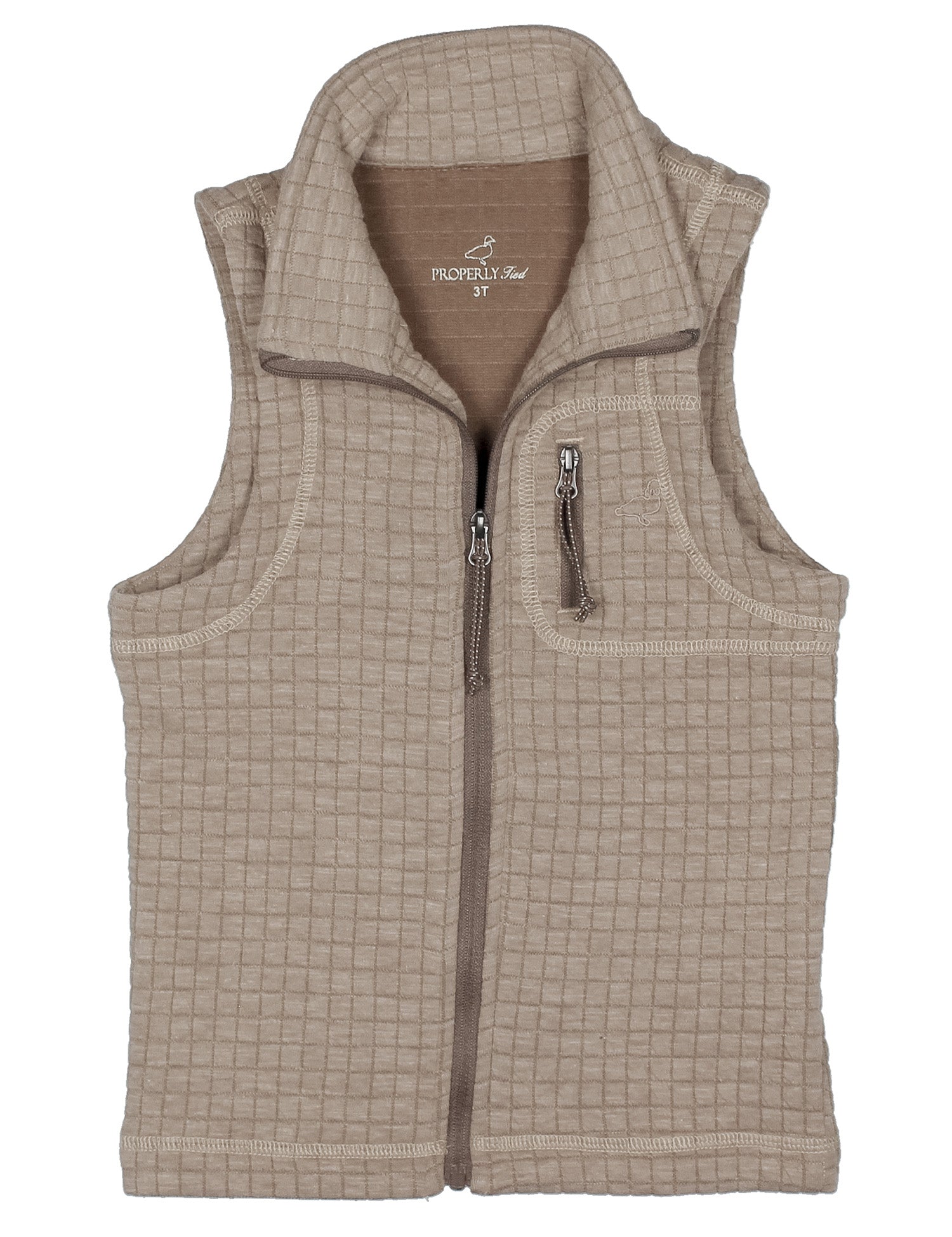 A sleeveless zip-front vest in a light beige and brown checkered pattern, featuring a stand-up collar and a vertical zippered pocket on the wearer's left side. The brand name 'Properly Tied' is visible on the inner neck label.