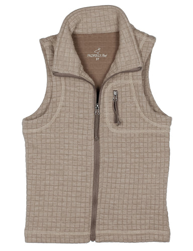A sleeveless zip-front vest in a light beige and brown checkered pattern, featuring a stand-up collar and a vertical zippered pocket on the wearer's left side. The brand name 'Properly Tied' is visible on the inner neck label.